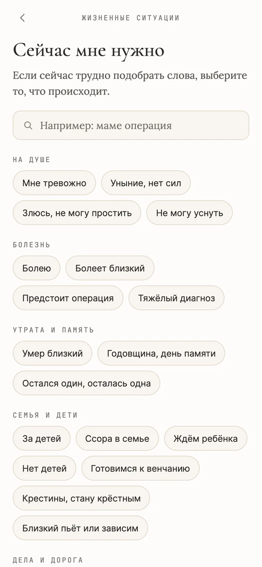 Жизненные ситуации в СРЕДЕ: поиск и группы «На душе», «Болезнь», «Утрата и память», «Семья и дети» с подборками молитв